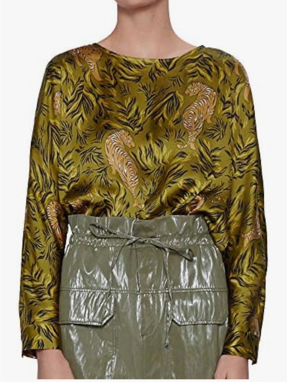 Zara Tiger Print Satin Blouse Jungle Print Top Green Animal Print XS